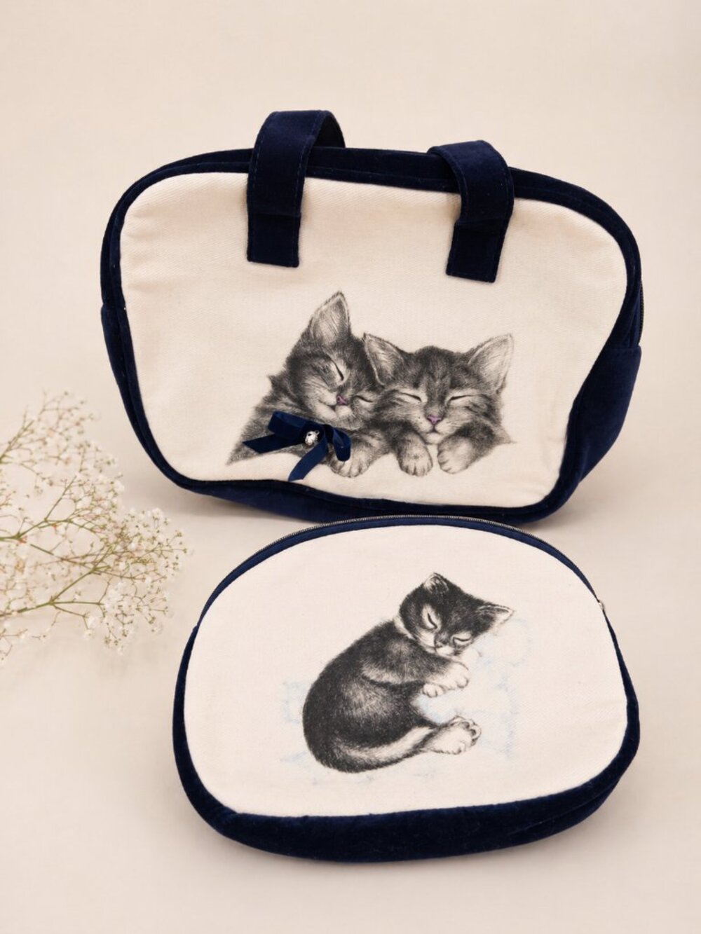 Kitten coquette girl cottagecore cotton velvet two piece cat makeup bag set